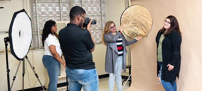 Student photography session on campus. 